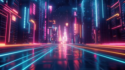 Poster - Bright and colorful futuristic city at night, featuring glowing neon lights and a wide perspective. Retro wave and cyberpunk style cityscape.
