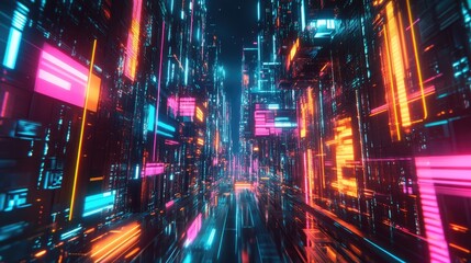 Poster - Bright and colorful futuristic city at night, featuring glowing neon lights and a wide perspective. Retro wave and cyberpunk style cityscape.