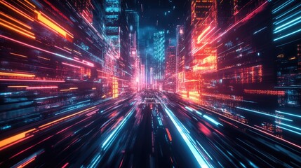 Poster - Bright and colorful futuristic city at night, featuring glowing neon lights and a wide perspective. Retro wave and cyberpunk style cityscape.
