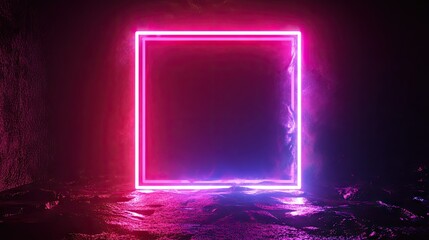 Poster - Bright neon lights forming an abstract rectangular object on a black backdrop.