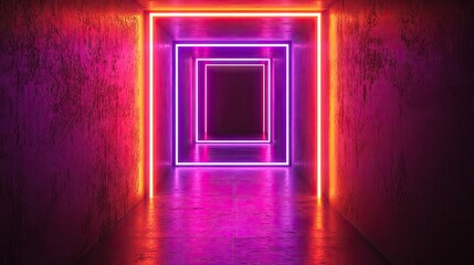 Poster - Bright neon lights forming an abstract rectangular object on a black backdrop.