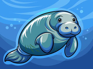 Wall Mural - cartoon vector illustration of swimming funny manatee, blue sea isolated background, under ocean planet