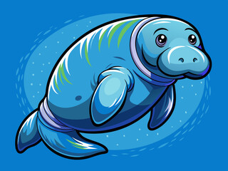 Wall Mural - cartoon vector illustration of swimming funny manatee, blue sea isolated background, under ocean planet