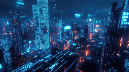 Poster - Cityscape at night with a neon blue glow and flowing binary code. Represents cutting-edge technology and data transmission in a high-tech environment.