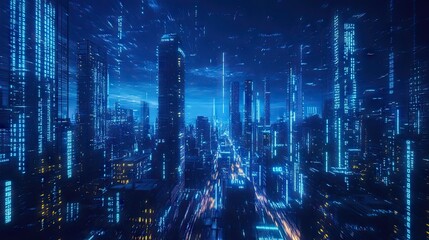 Poster - Cityscape at night with a neon blue glow and flowing binary code. Represents cutting-edge technology and data transmission in a high-tech environment.