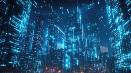 Poster - Cityscape at night with a neon blue glow and flowing binary code. Represents cutting-edge technology and data transmission in a high-tech environment.