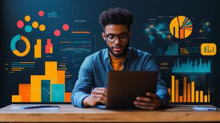 Poster - High-tech online advertising background showcasing a laptop with graphical data, performance metrics, and a marketer evaluating ad campaigns