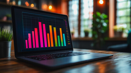 Poster - High-tech online advertising background showcasing a laptop with graphical data, performance metrics, and a marketer evaluating ad campaigns, perfect for illustrating digital marketing strategies.
