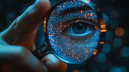 Poster - Know your customer (KYC) concept, person using magnifying glass, identity verification system, increase financial security, access personal financial data, biometrics security