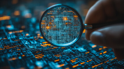 Poster - Know your customer (KYC) concept, person using magnifying glass, identity verification system, increase financial security, access personal financial data, biometrics security