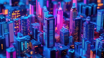 Poster - Detailed 3D night city illustration with vivid neon glow. Skyscrapers and downtown architecture in a colorful megapolis setting.
