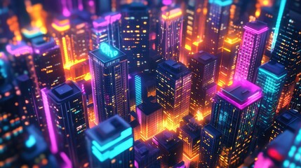 Poster - Detailed 3D night city illustration with vivid neon glow. Skyscrapers and downtown architecture in a colorful megapolis setting.