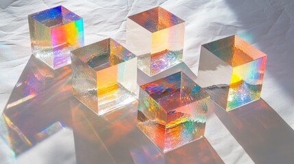 Poster - Dichroic glass cubes dispersing light into vibrant spectra, with sparkling reflections on a textured white paper backdrop.