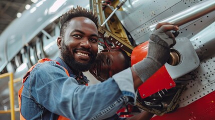 Canvas Print - A man is smiling while working on an airplane