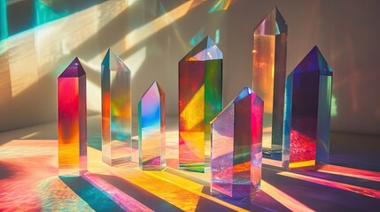 Poster - Different glass prisms and dichroic stripes scattering light into colorful spectra, captured in a stunning visual display.