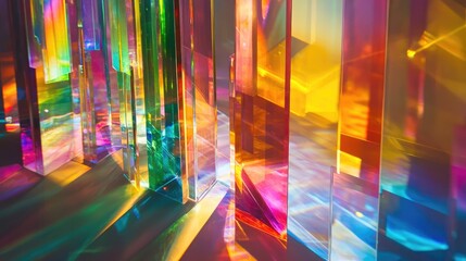 Different glass prisms and dichroic translucent stripes scattering light into vibrant color spectra, creating a dynamic visual display.