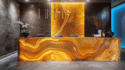 Wall Mural - Warm yellow and gold marble with intricate swirls, highlighted by cool blue lighting for a modern and serene look. --ar 16:9 --v 6.0 --s 250 --style raw