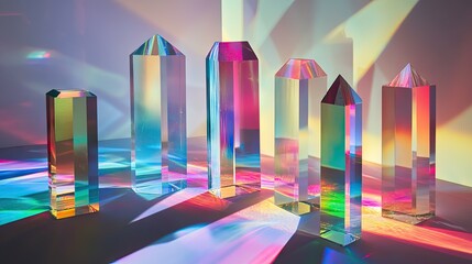 Poster - Different sizes of glass prisms and dichroic stripes refracting light into vibrant color spectra, creating a dynamic visual display.