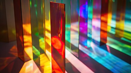 Poster - Different glass prisms and dichroic translucent stripes scattering light into vibrant color spectra, creating a dynamic visual display.
