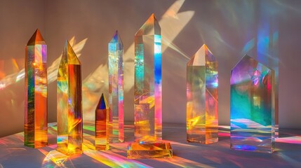 Poster - Different sizes of glass prisms and dichroic stripes refracting a strong beam of light into vibrant color spectra.