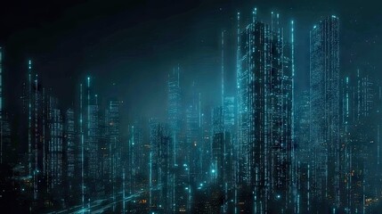Poster - Digital cityscape with skyscrapers and data connections symbolizing big data and cyber security.
