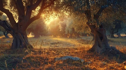 Wall Mural - Ancient olive grove awakening to the first light of day.