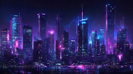 Poster - Futuristic city skyline with glowing neon lights and tall skyscrapers. Dark, cyberpunk-inspired night backdrop with a panoramic view of the urban scene.