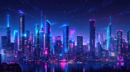Poster - Futuristic city skyline with glowing neon lights and tall skyscrapers. Dark, cyberpunk-inspired night backdrop with a panoramic view of the urban scene.