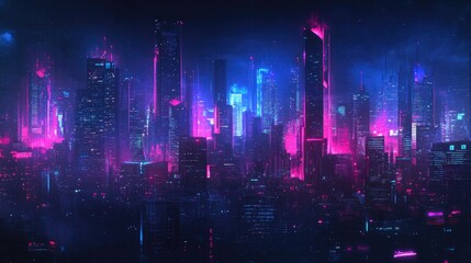 Poster - Futuristic city skyline with glowing neon lights and tall skyscrapers. Dark, cyberpunk-inspired night backdrop with a panoramic view of the urban scene.