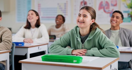 Poster - Happy, student and listening to lesson in classroom, high school and smile for education of biology. Group, teenager and girl with knowledge of science, paper and preparing for exam and classmates