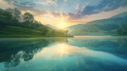 Wall Mural - Breathtaking sunrise with soft, pastel hues above a tranquil, mirror-like lake surrounded by rolling, verdant hills.