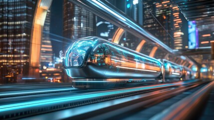 Poster - Futuristic hyperloop speeding through a city with blurred lights from buildings at night. 3D rendering emphasizes next-gen technology and urban design.