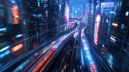 Poster - Futuristic hyperloop speeding through a city with blurred lights from buildings at night. 3D rendering emphasizes next-gen technology and urban design.