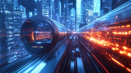 Poster - Futuristic hyperloop speeding through a city with blurred lights from buildings at night. 3D rendering emphasizes next-gen technology and urban design.