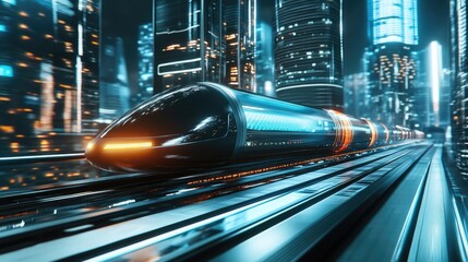Poster - Futuristic hyperloop speeding through a city with blurred lights from buildings at night. 3D rendering emphasizes next-gen technology and urban design.