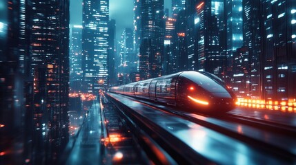 Poster - Futuristic hyperloop speeding through a mega city at night with blurred lights from skyscrapers. 3D illustration of next-gen transport and tech.