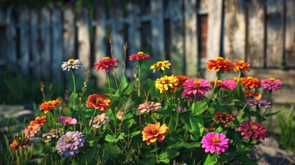 Wall Mural - Colorful zinnias in a rustic garden setting.