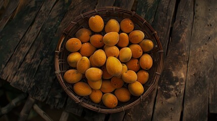 Wall Mural - Fresh Mangoes in a Basket on Wooden Plank