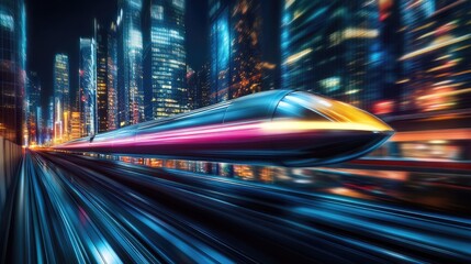 High-speed hyperloop in a nighttime cityscape with blurred lights from towering buildings. 3D rendering of futuristic transport technology.