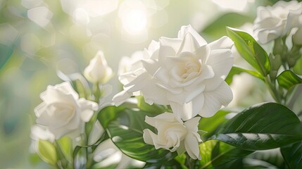 Wall Mural - Delicate gardenias in full bloom, their creamy white petals and sweet fragrance creating a captivating display.