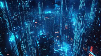 Poster - High-tech cityscape featuring neon blue lighting and cascading binary code. Represents cutting-edge technology and data transmission.