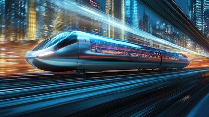 Poster - Hyperloop in warp speed with a dynamic blur of city lights in the background. 3D illustration highlighting futuristic technology in a mega city.