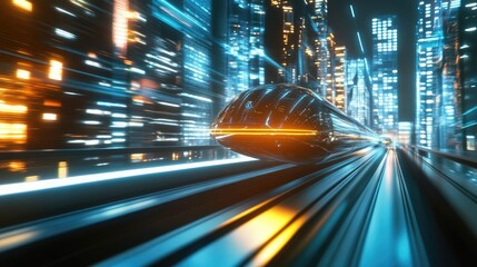 Poster - Hyperloop racing through a nighttime cityscape with lights from skyscrapers creating a blur. 3D rendering of futuristic transport and tech.