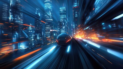 Poster - Hyperloop traveling at high speed in a nighttime urban environment. Blurred lights from buildings add to the futuristic and dynamic scene.
