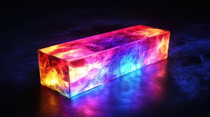 Poster - Illuminated abstract rectangular object with vibrant colors glowing on a black backdrop. -