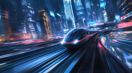 Poster - Hyperloop traveling at high speed in a nighttime urban environment. Blurred lights from buildings add to the futuristic and dynamic scene.