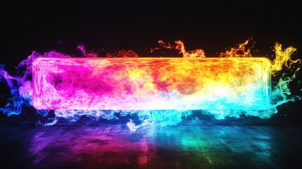 Illuminated multicolored rectangular object creating a vibrant abstract effect against a black backdrop.