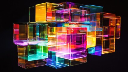 Poster - Illuminated multicolored rectangular object creating a vibrant abstract effect against a black backdrop.