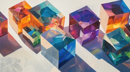 Poster - Light refracted by dichroic glass cubes, casting colorful and sparkling patterns on white textured paper.