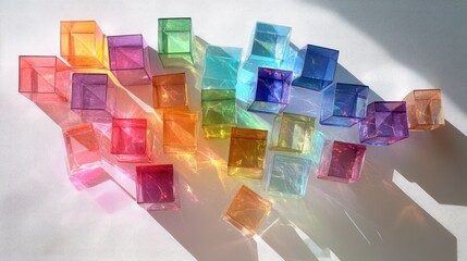 Poster - Light dispersed by dichroic glass cubes, creating a colorful and sparkling spectrum on textured white paper. -